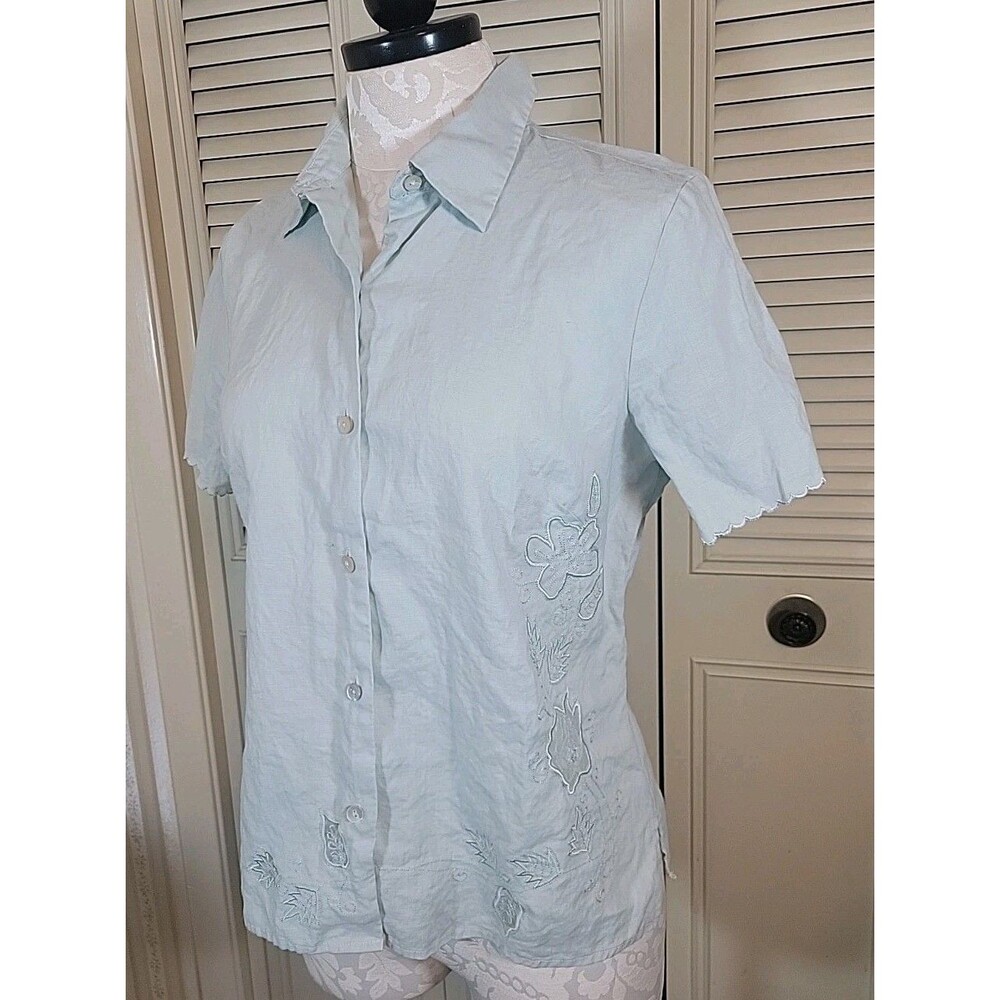 Edward Irish Linen Embroidered Blouse 100% Linen Soft Green Womens Size L EUC